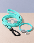 Load image into Gallery viewer, A mint green pet leash and matching collar set with black and silver hardware, displayed on a beige surface against a light gray background.
