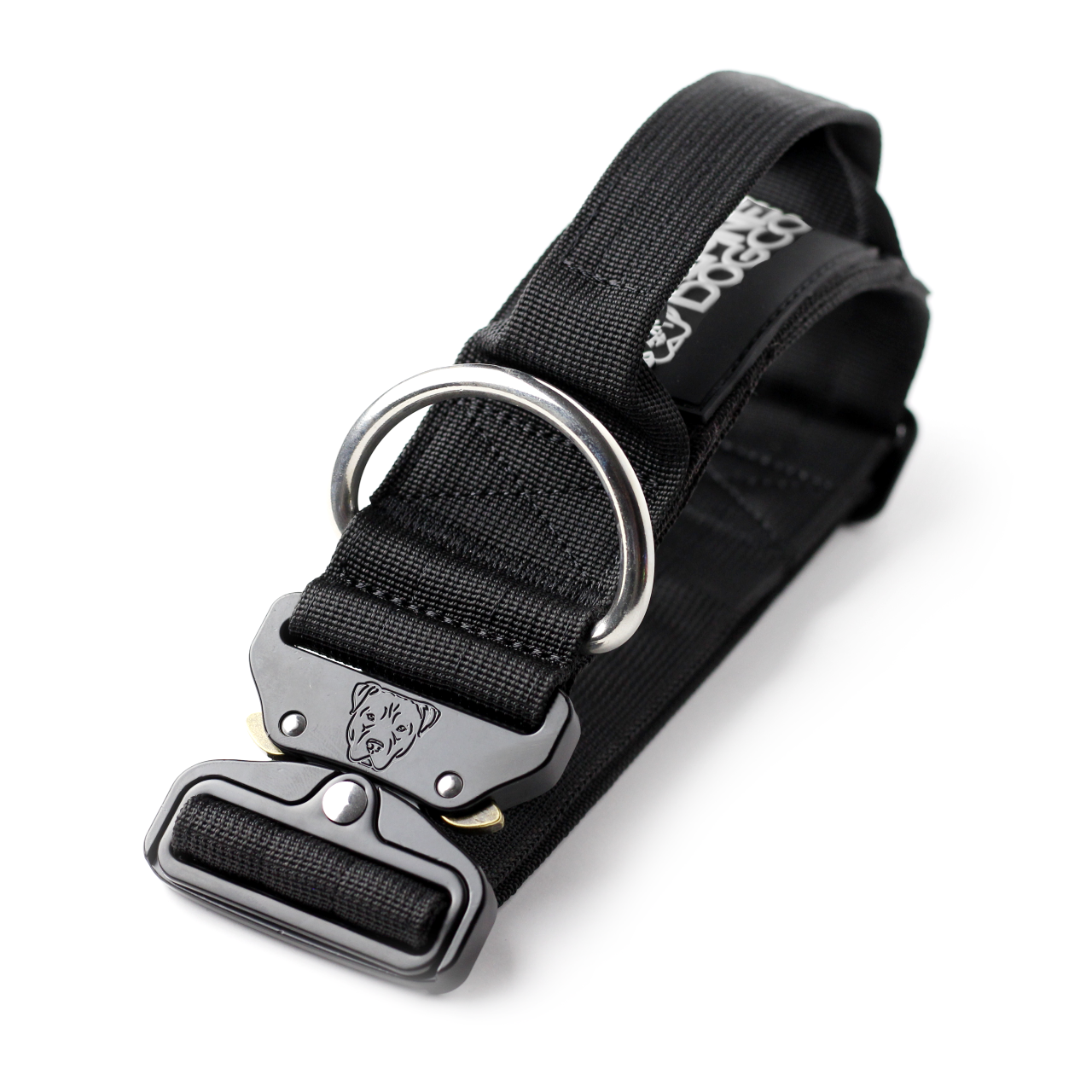Close-up of the black Alpine Dog 2-inch Tactik collar showing its padded handle, metal buckle, and D-ring