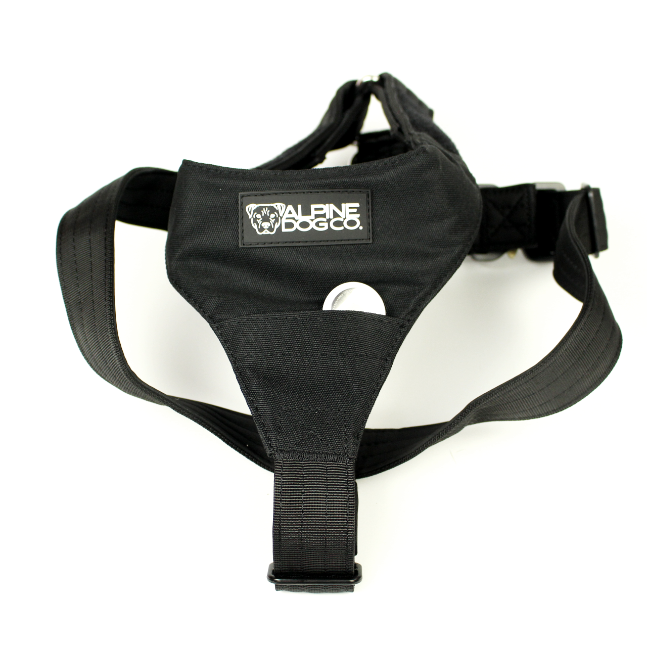Black Terrain dog harness showing an AirTag inside the concealed chest pocket