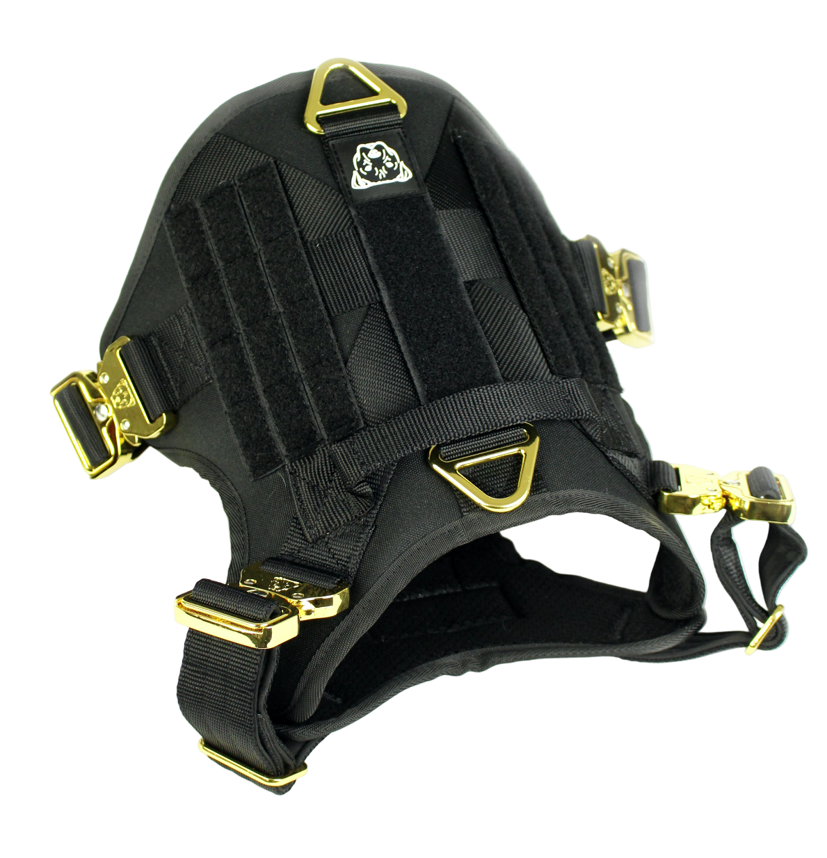 Black HNTR 3.0 dog harness displayed with its buckles visible